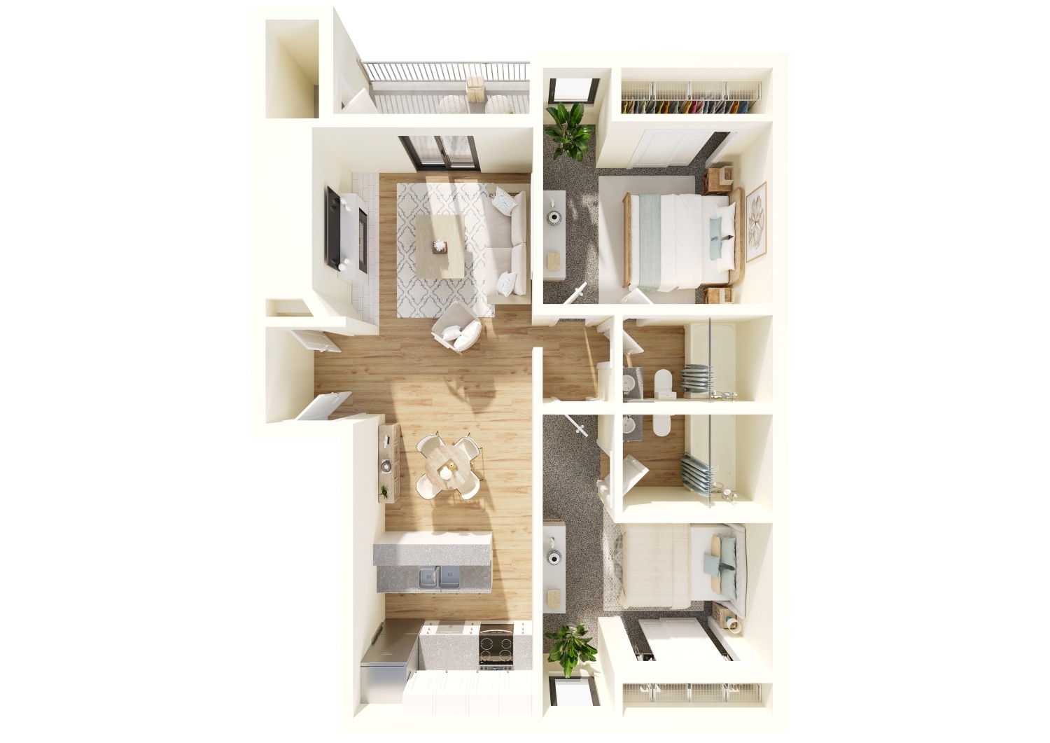 Floor plan for 2 beds, 2 baths, 950 sqft